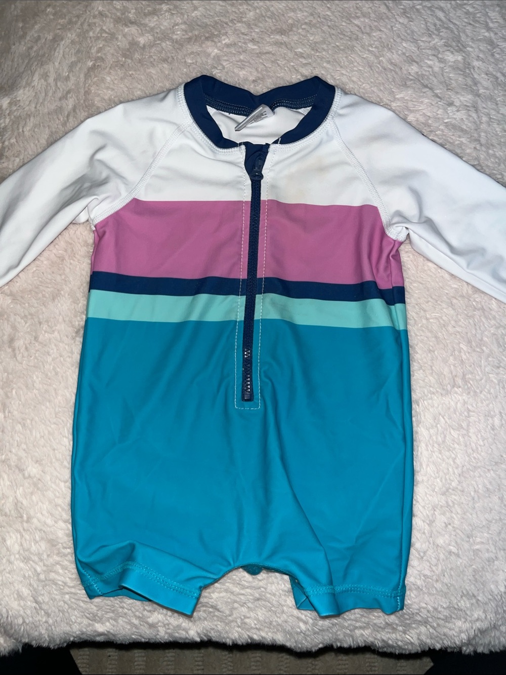 Rugged Butts Colorblock Zip-Front One-Piece Swimsuit in Pink, Teal & White